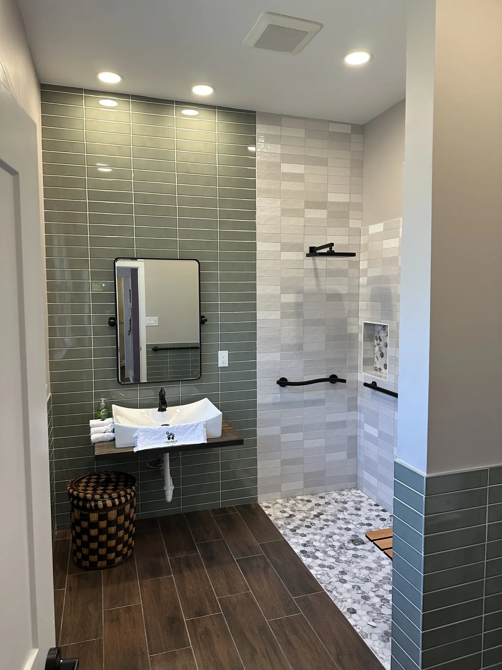 Accessible walk-in shower bathroom rebuilt in a 120-year-old Houston house