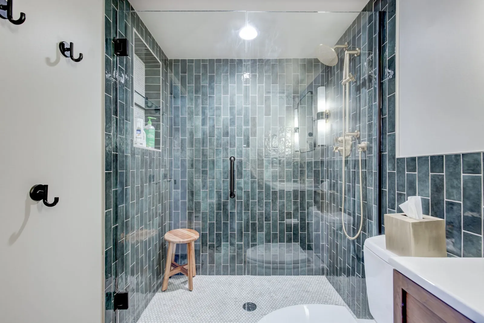 Frameless glass shower in a remodeled Houston bathroom