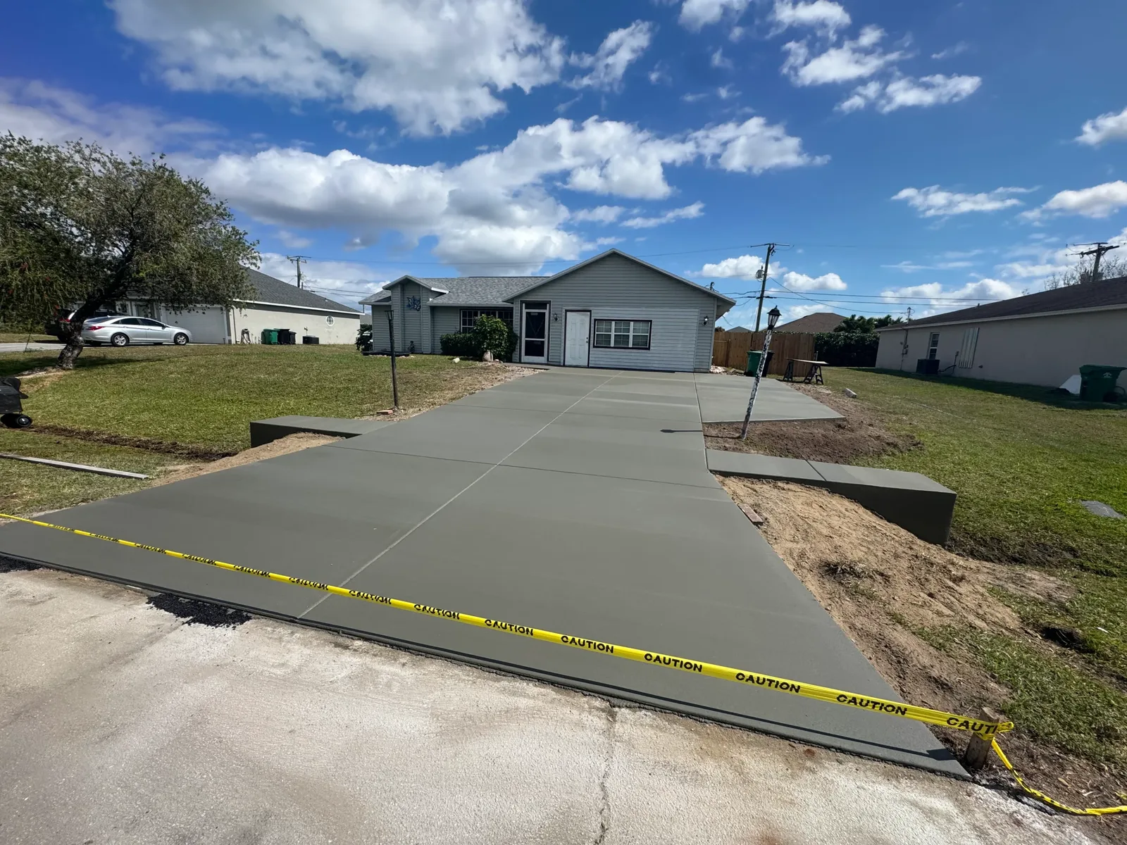 Newly poured concrete driveway slab